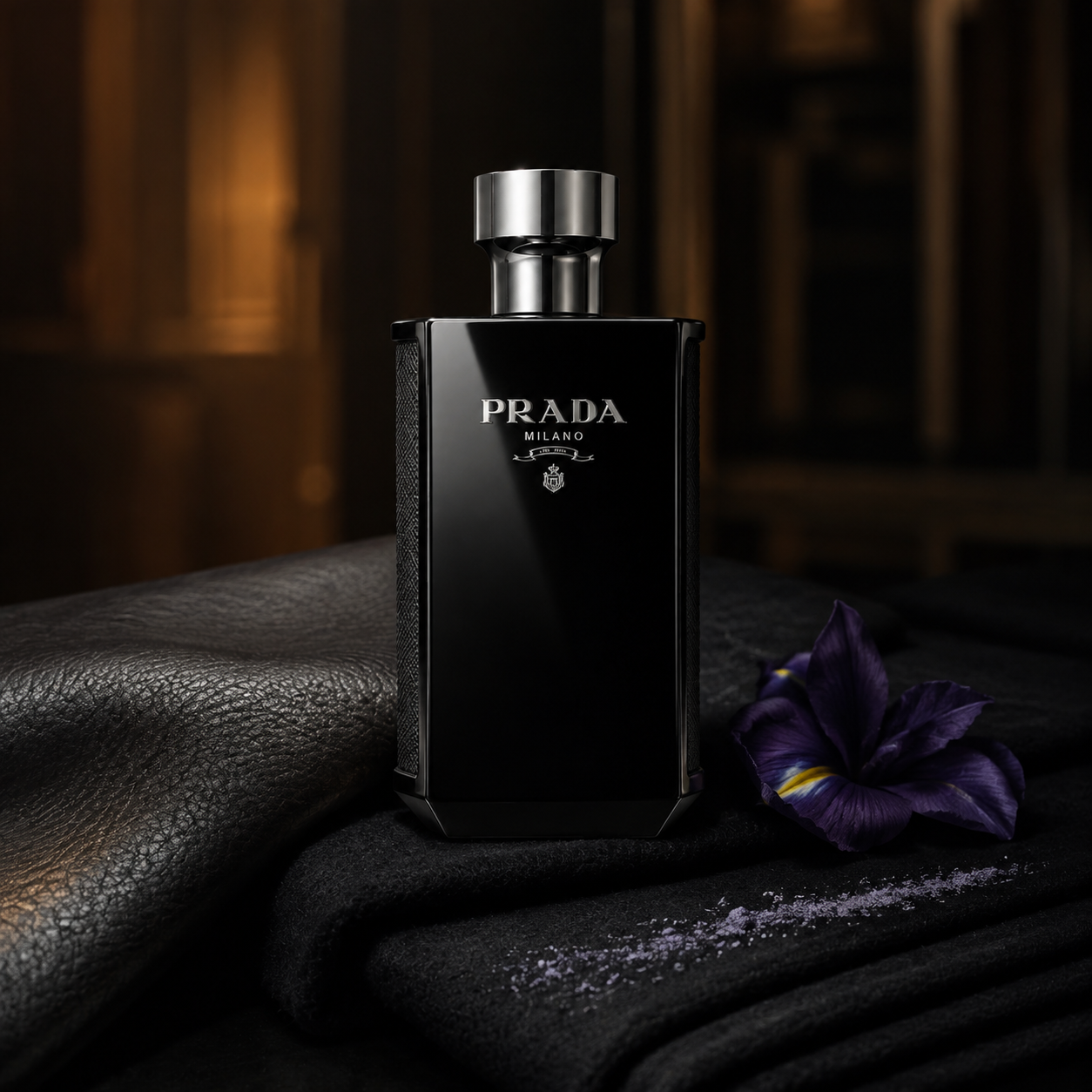 Prada L’Homme Intense EDP – noční krejčovské zátiší s kosatcem, fialkou a kůží