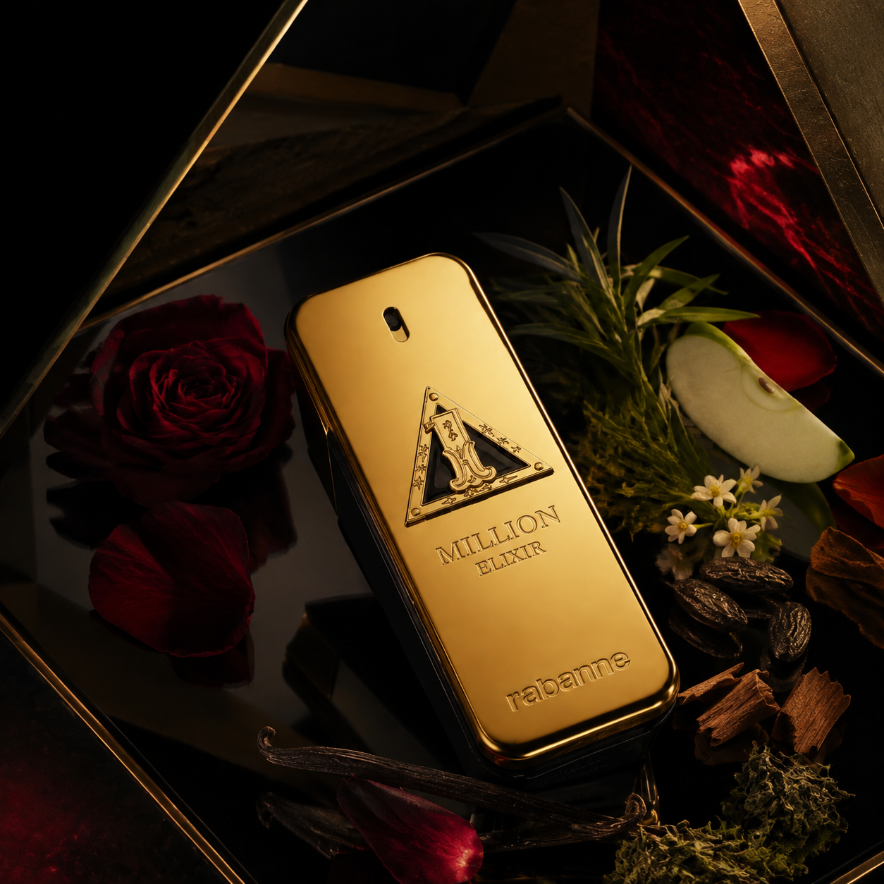 Rabanne 1 Million Elixir – noční zlaté zátiší s jablkem, růží, vanilkou a tonkou – MrRizz