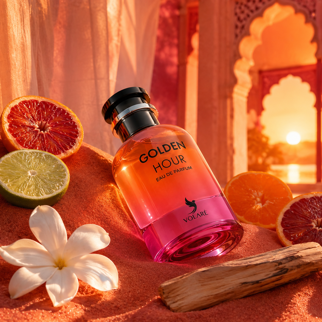 Volare Golden Hour – západové citrusové zátiší s tiaré a santalovým dřevem – MrRizz