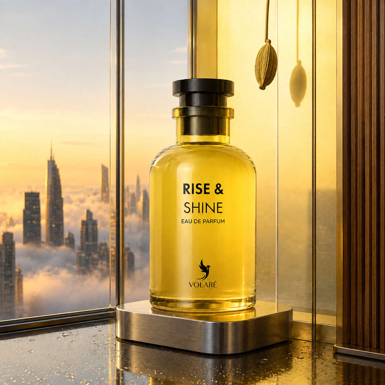 Volare Rise & Shine u okna nad městem zahaleným do ranních mraků – MrRizz