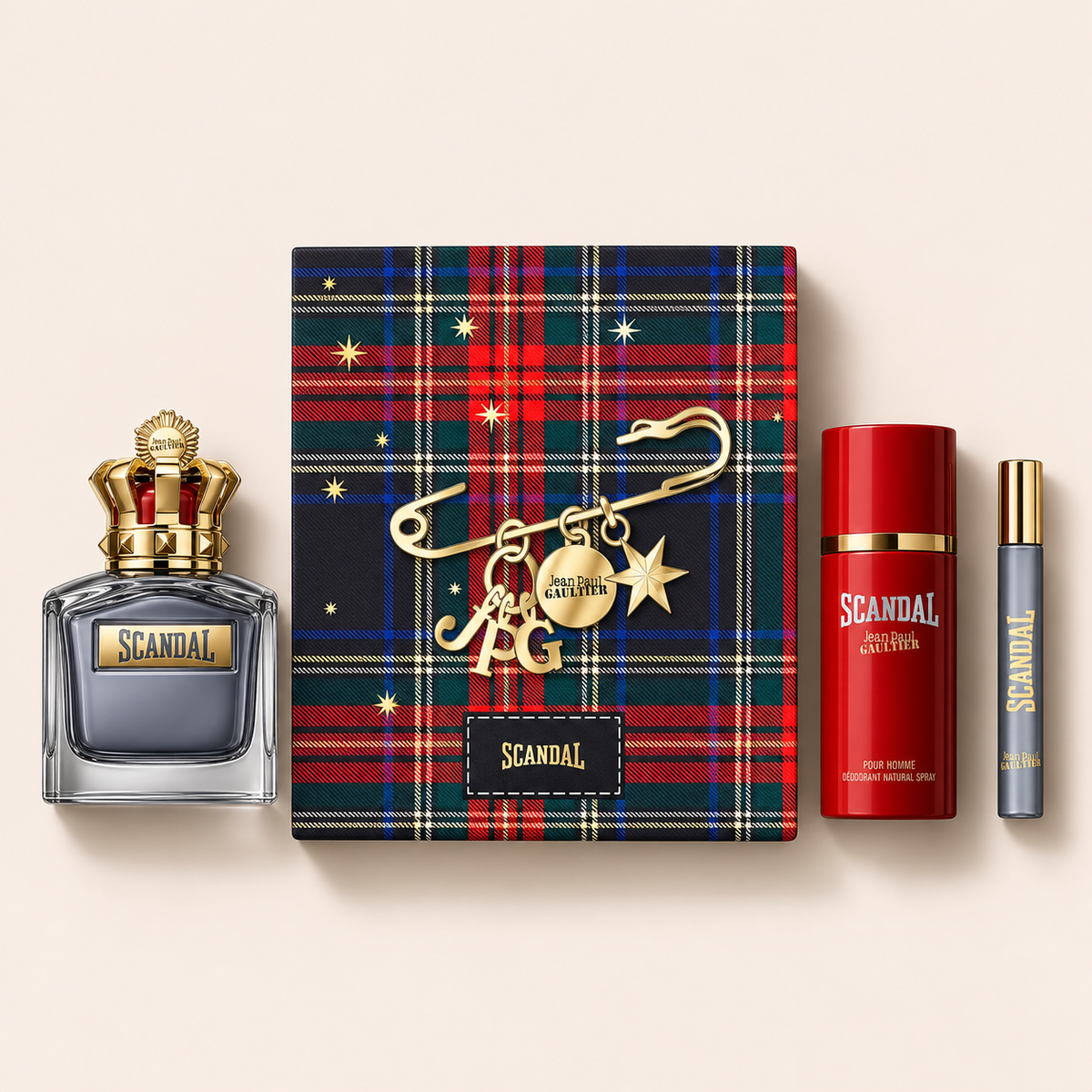 Dárková sada Jean Paul Gaultier Scandal EDT 100 ml, deodorant 150 ml a EDT 10 ml na béžovém pozadí – MrRizz
