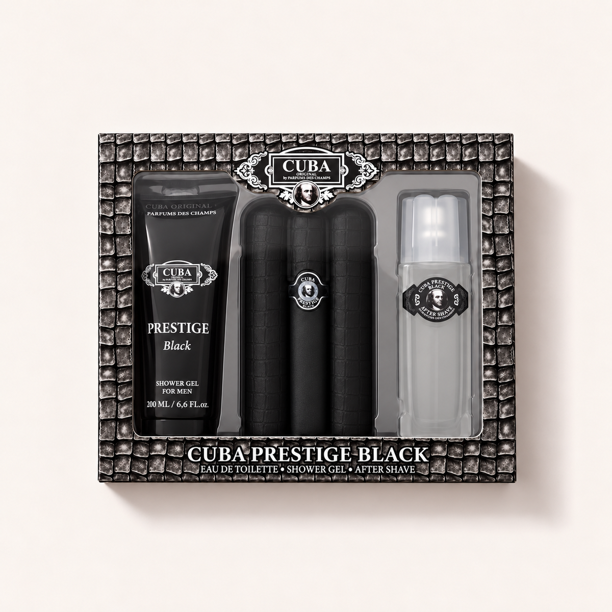 Cuba Prestige Black sada toaletní vody 90 ml, vody po holení 100 ml a sprchového gelu 200 ml – MrRizz