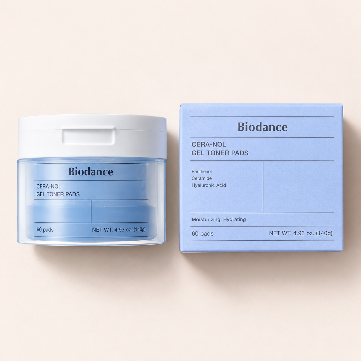 Biodance Cera-Nol Gel Toner Pads 60 ks – výrobek s odpovídajícím obalem vleže – MrRizz