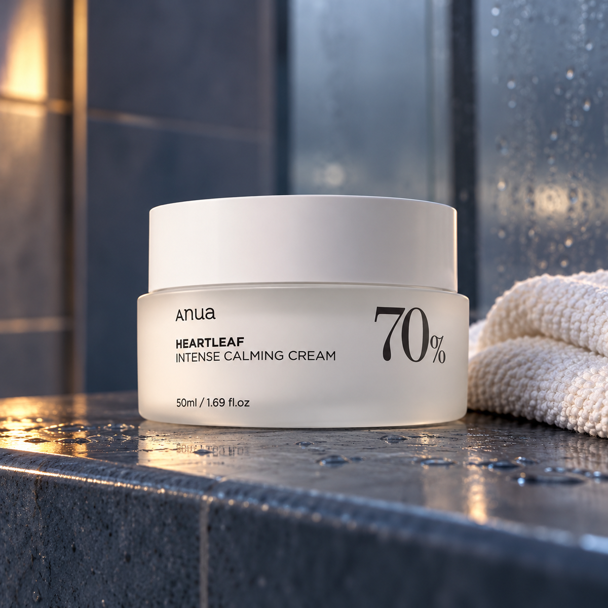 Anua Heartleaf 70% Intense Calming Cream 50 ml v prostředí večerní péče – MrRizz