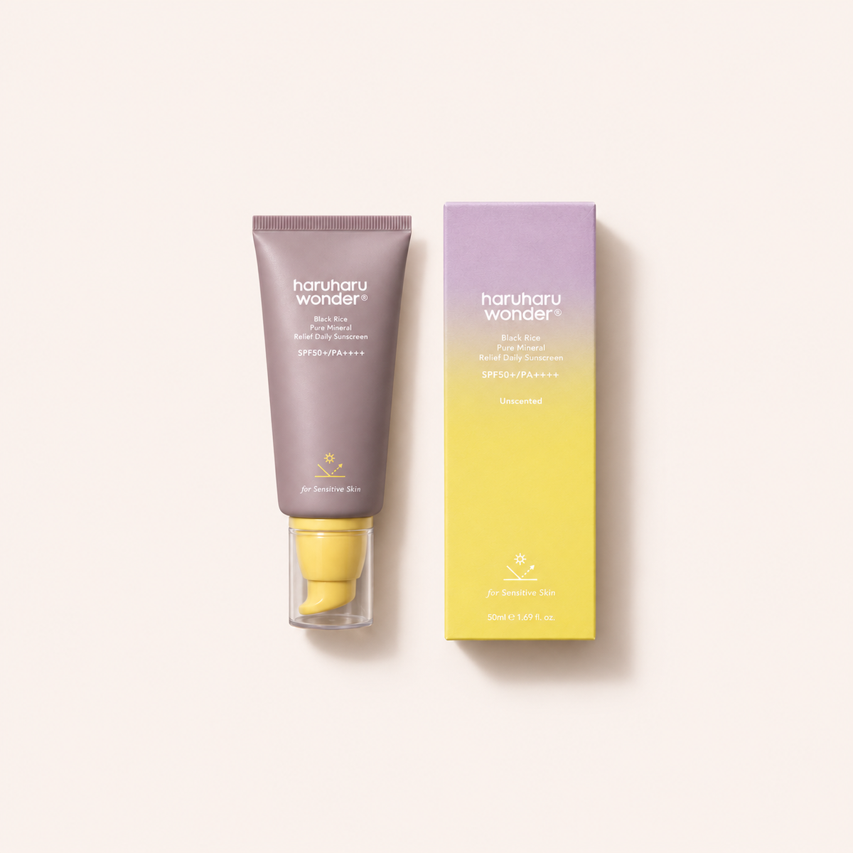 HaruHaru Wonder Black Rice Pure Mineral Relief Daily Sunscreen 50 ml – výrobek s odpovídajícím obalem vleže – MrRizz