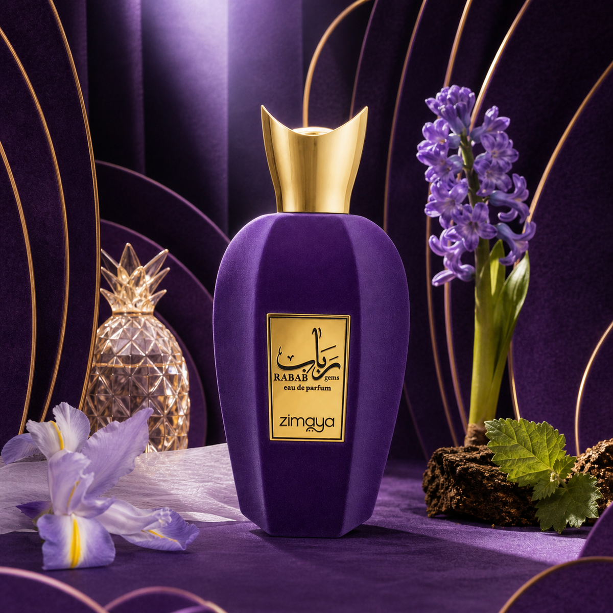 Zimaya Rabab Gems EDP ve fialovém zátiší s kosatci a hyacintem – MrRizz
